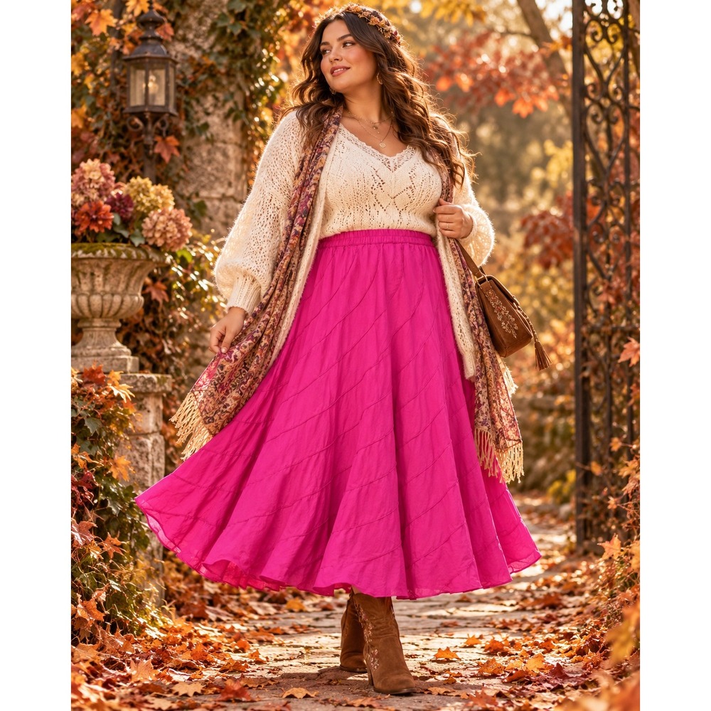 Womens L Fuchsia Pink Cotton Flared Midi Skirt Boho Fairycore Y2K Elastic Waist
